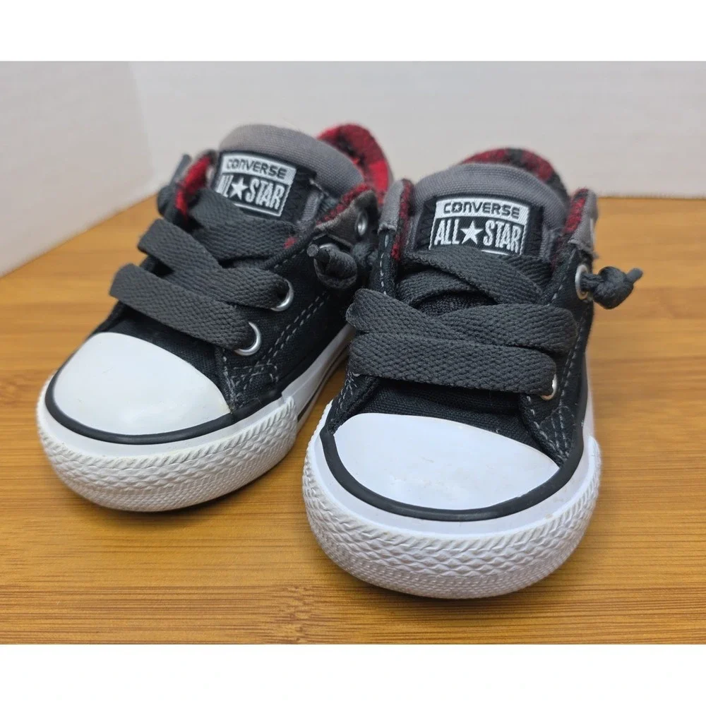 Converse All Star Low Top Toddler Shoes Black Gray Red Check Lining Size 4